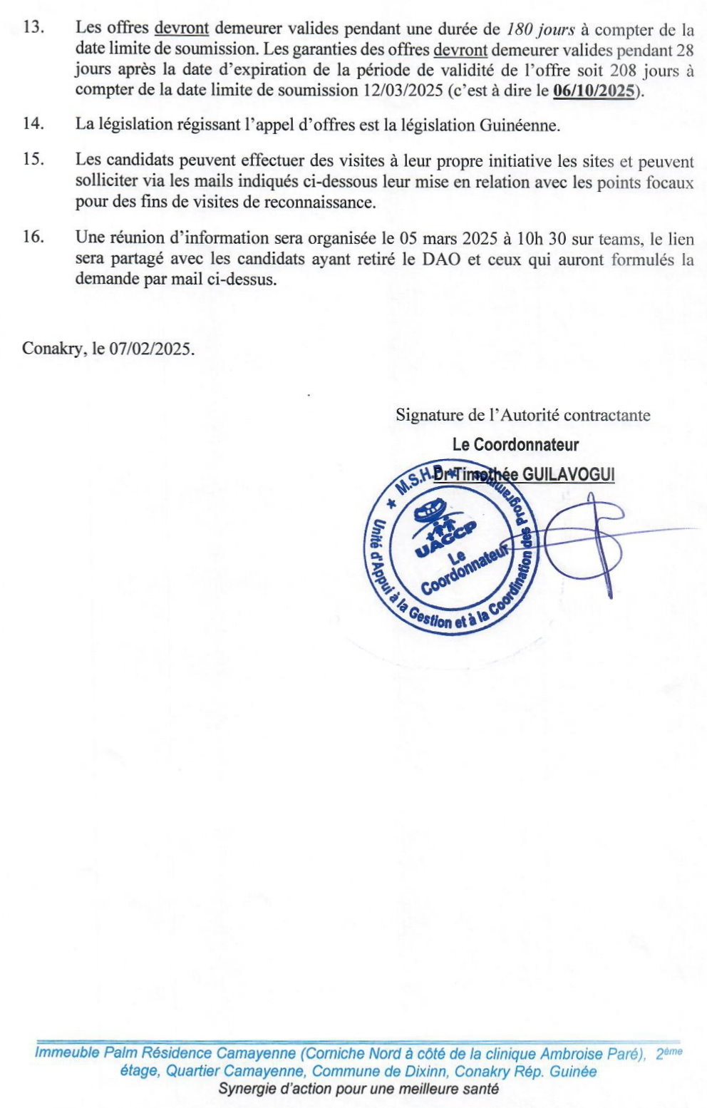 AVIS D'APPEL D'OFFRES POUR DES TRAVAUX D'AMÉNAGEMENT DES ESPACES DE STOCKAGE DES CYLINDRES D'OXYGENE DANS LES STRUCTURES SANITAIRES PERIPHERIOUES DE LABE, KANKAN et N'ZEREKORE 4 lots | Page 3